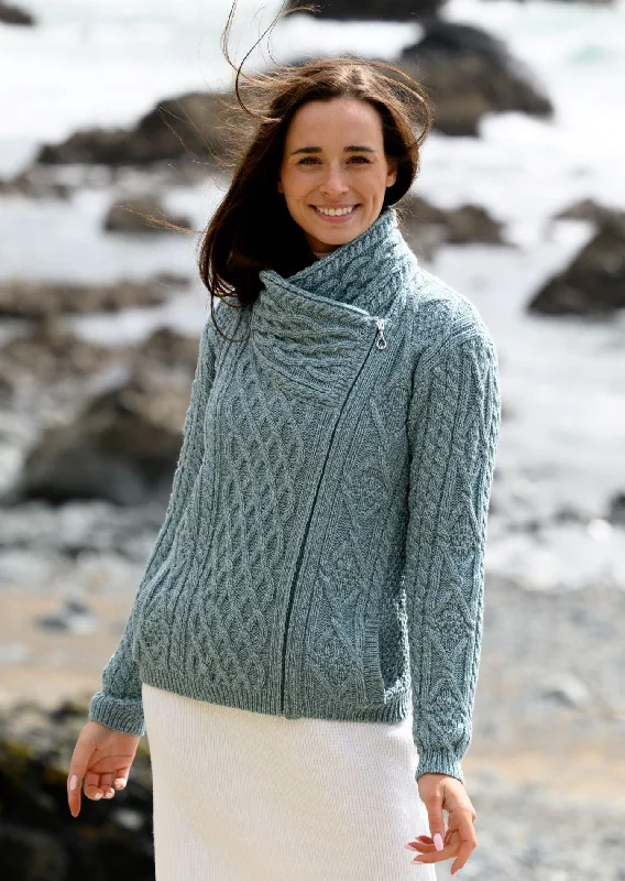 Aran Bikers Claddagh Side Zip Cardigan | Aqua