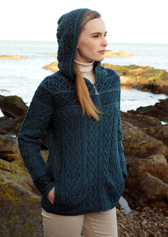 Aran Fairisle Hood Aran Cardigan | Teal