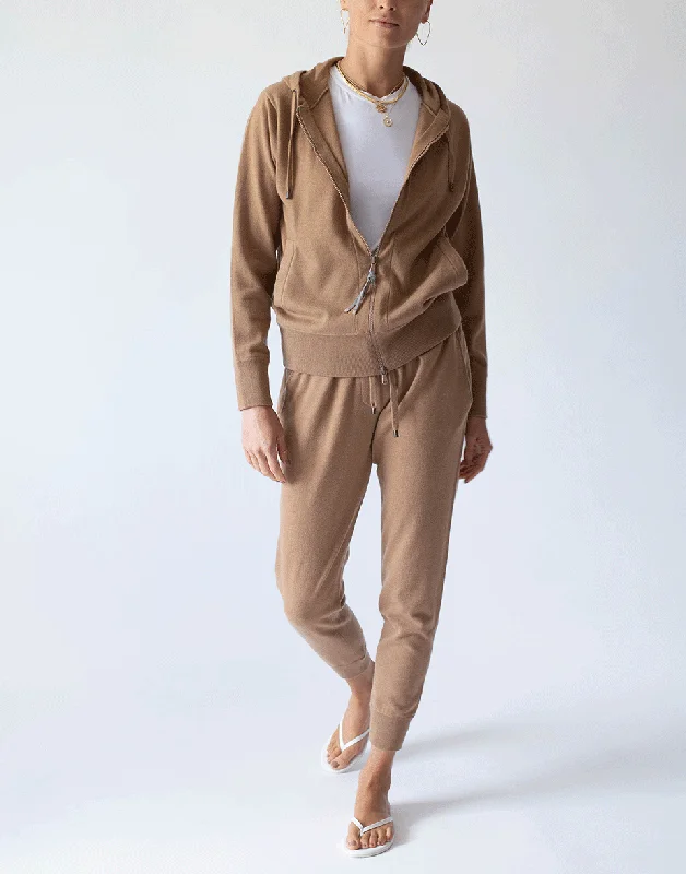 Caramel Cashmere Ribbed Monili Tab Zip Front Jacket