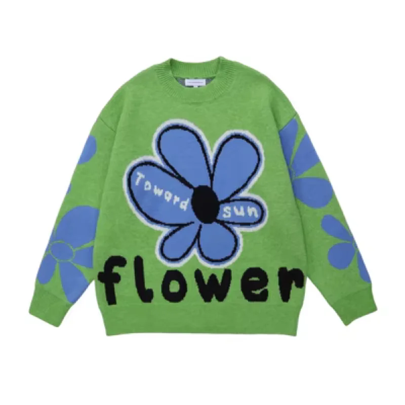 Women's Loose Blue Sunflower Sweater