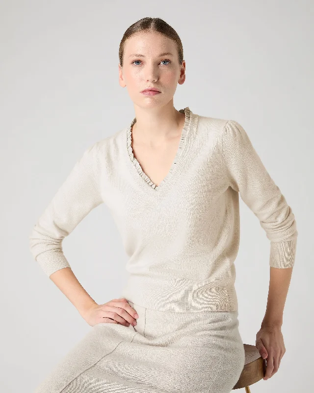 Women's Ruffle Trim V Neck Cashmere Sweater Almond White