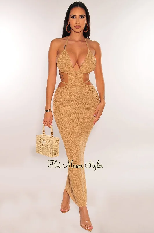 Mocha Crochet Halter Cut Out Open Back Mermaid Cover Up Dress