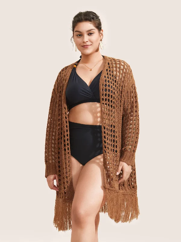 Solid Cut Out Fringe Hem Swim Cover Up