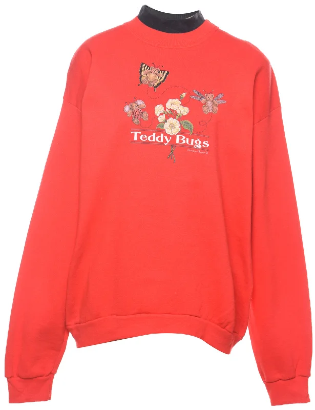 Teddy Bugs Printed Red 1990s Sweatshirt - L