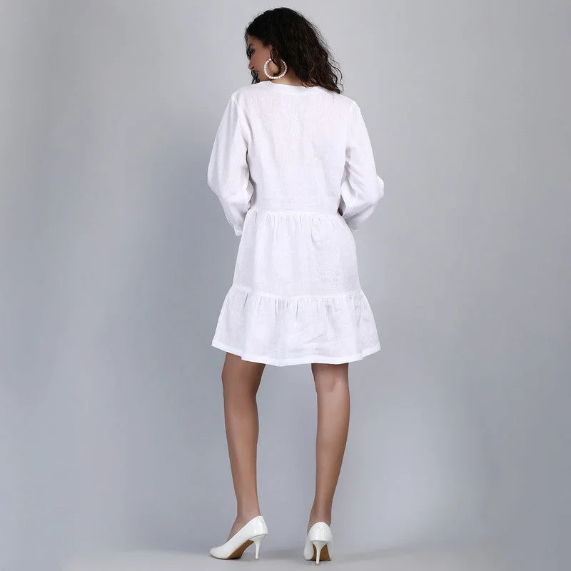 Linen White Flared Short Dress | Front Opening