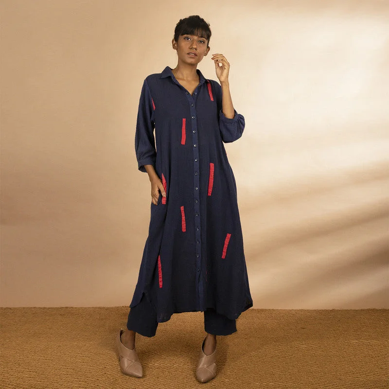 Cotton Indigo Applique Dash Button Down Tunic