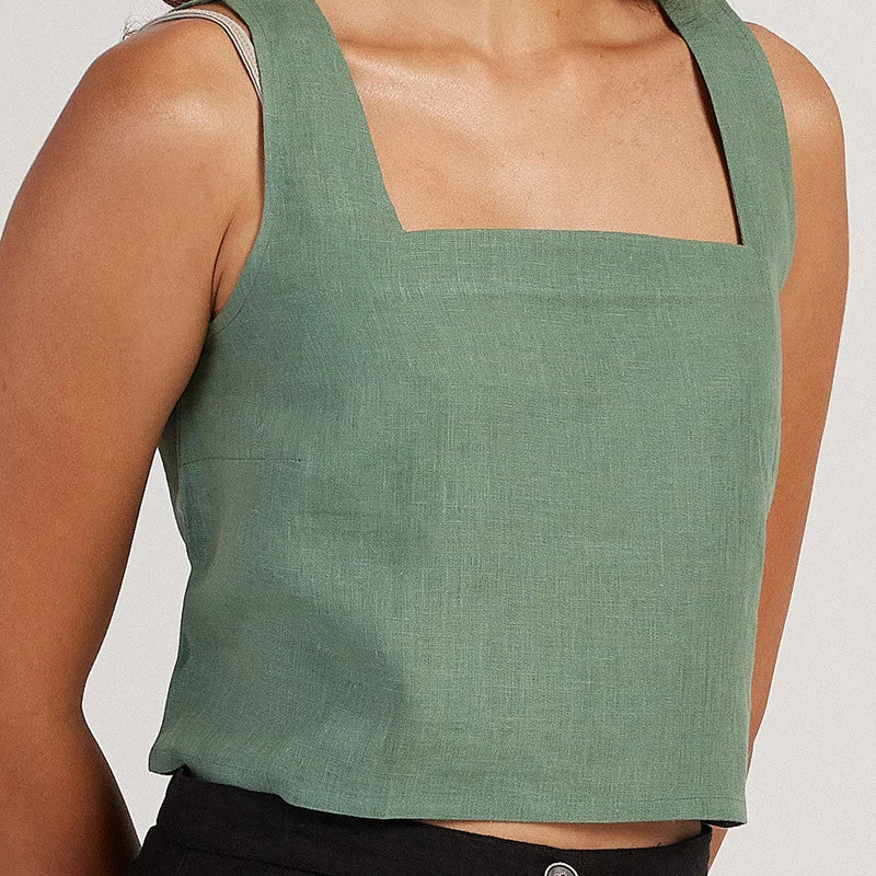 Sage Green Linen Crop Top | Back-Tie