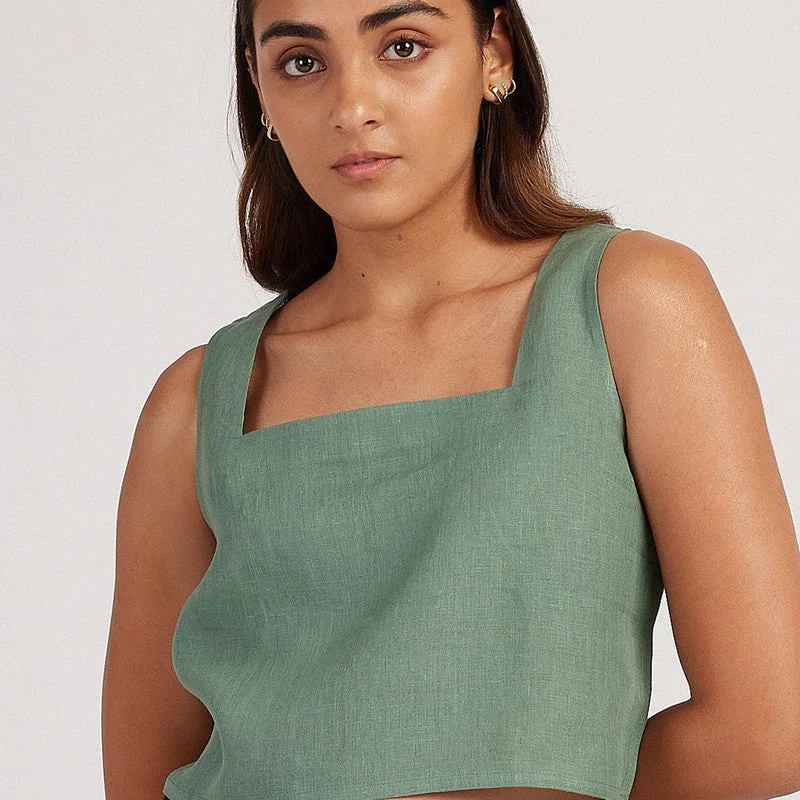 Sage Green Linen Crop Top | Back-Tie