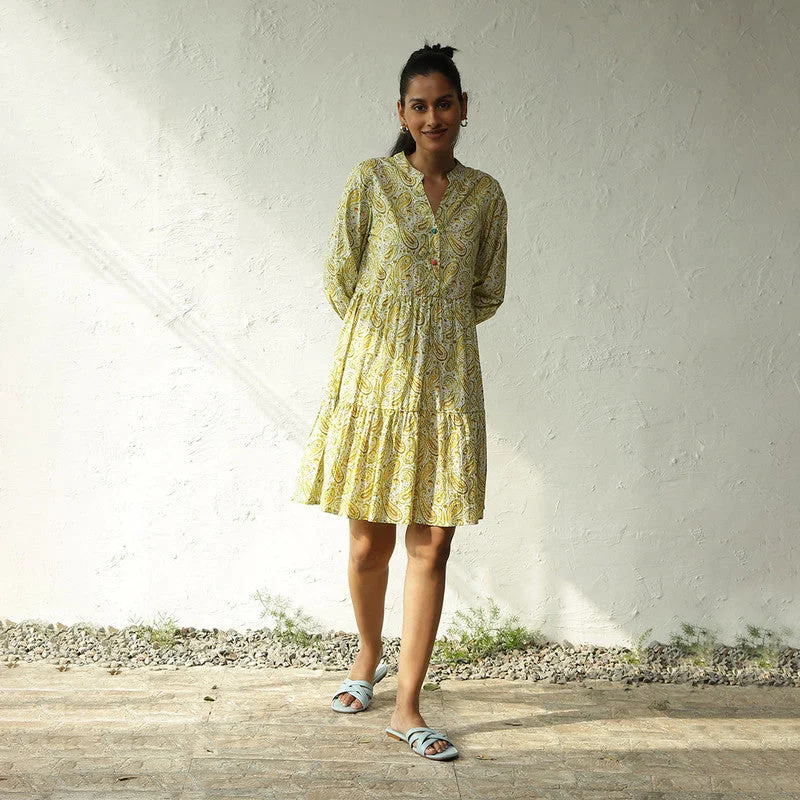 Cotton Printed Short Tier Dress | Lime Yellow