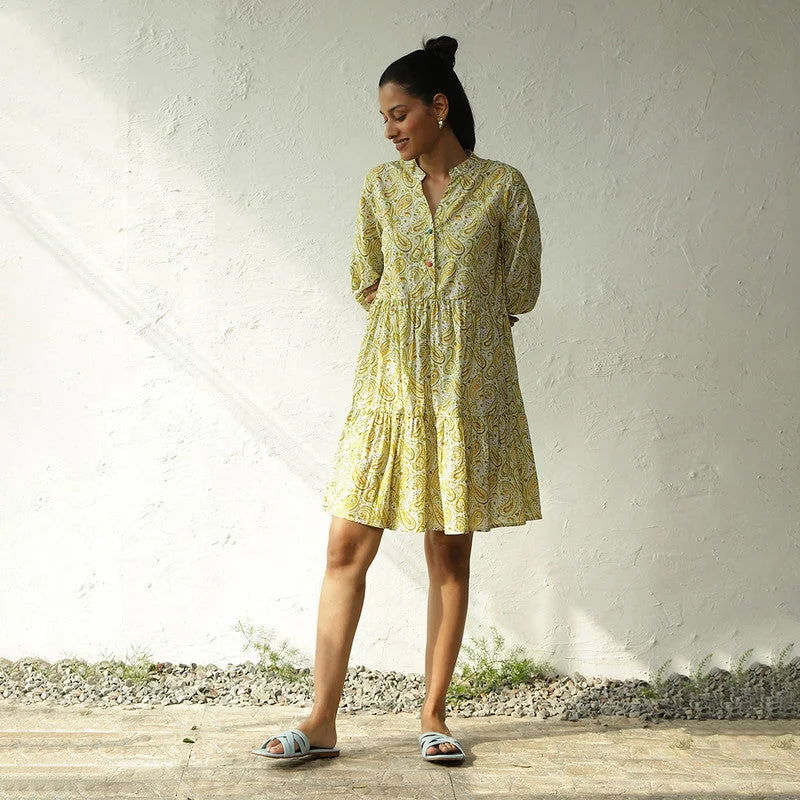 Cotton Printed Short Tier Dress | Lime Yellow