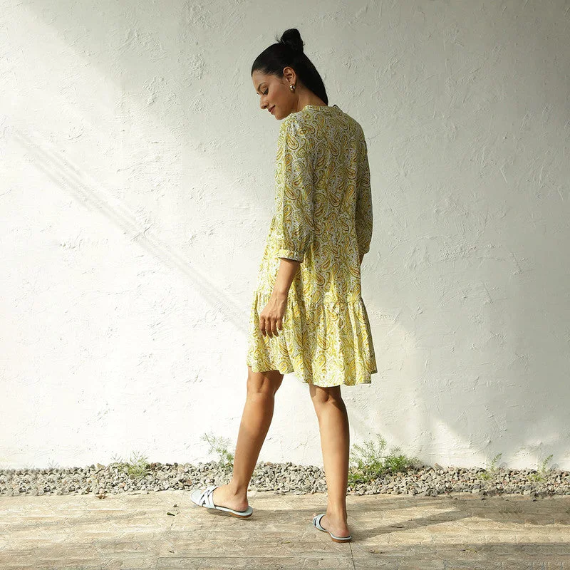 Cotton Printed Short Tier Dress | Lime Yellow