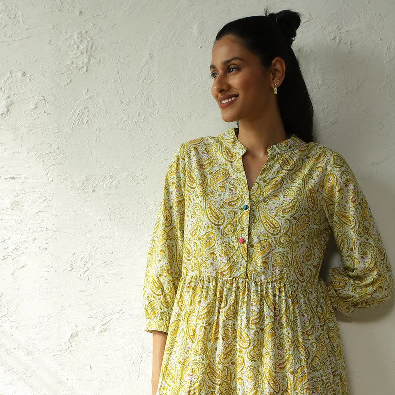 Cotton Printed Short Tier Dress | Lime Yellow