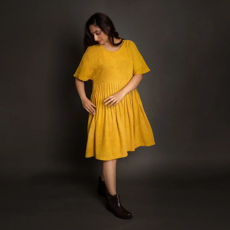 Cotton Pleated Dress for Women | Yellow