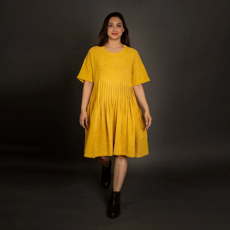 Cotton Pleated Dress for Women | Yellow