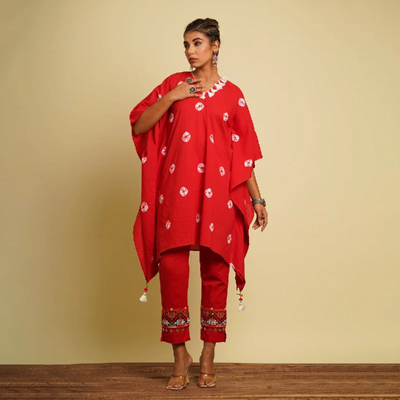 Cotton Cambric Kaftan Co Ord Set for Women | Tie-Dye | Red