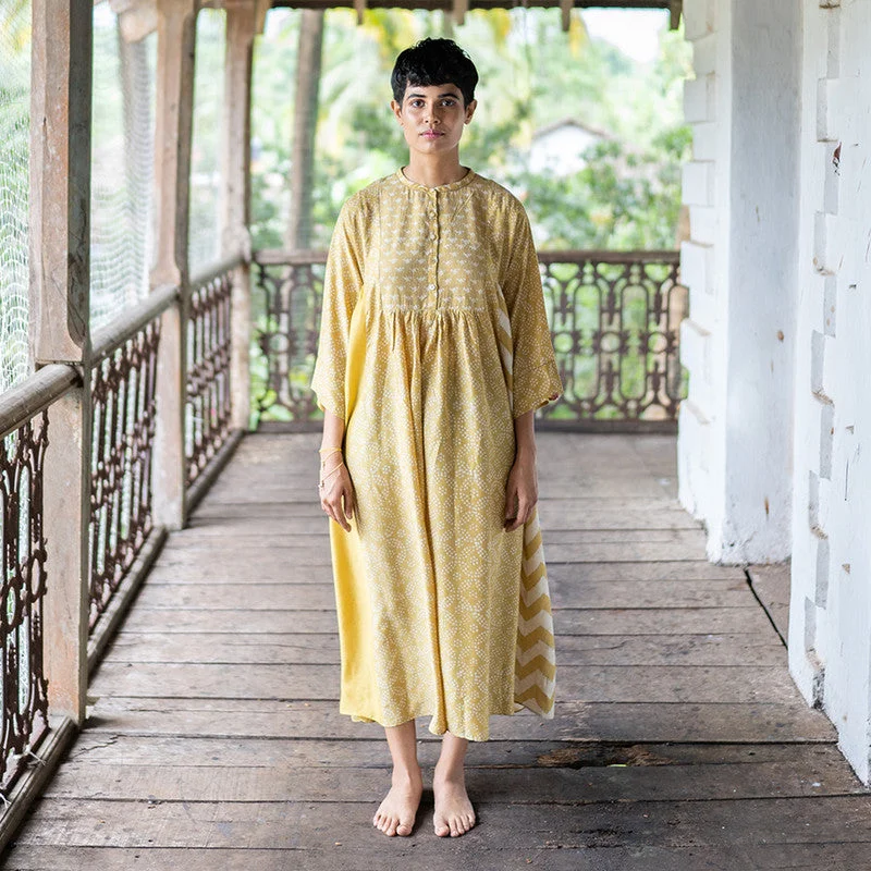 Cotton Silk A-Line Dress | Handblock Print | Yellow