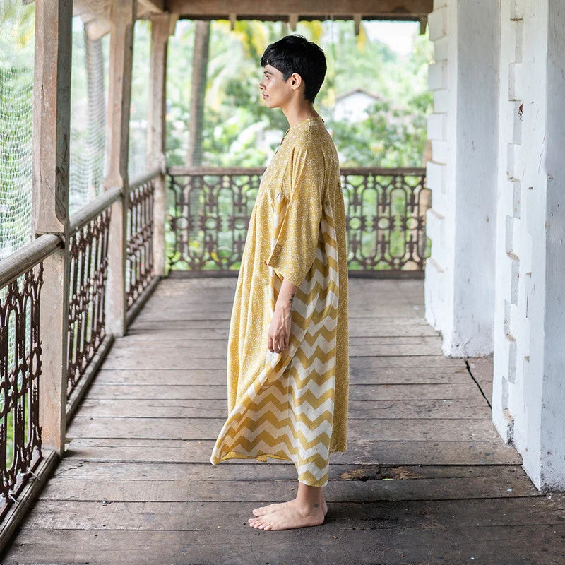 Cotton Silk A-Line Dress | Handblock Print | Yellow