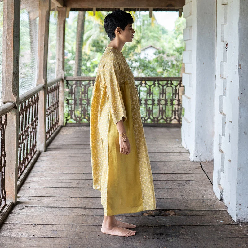 Cotton Silk A-Line Dress | Handblock Print | Yellow