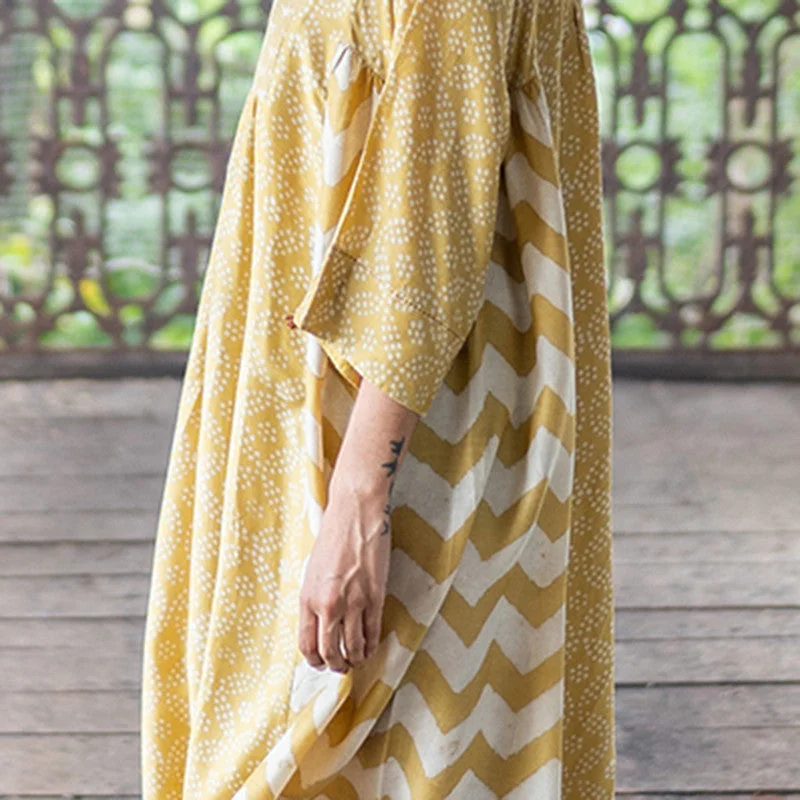 Cotton Silk A-Line Dress | Handblock Print | Yellow