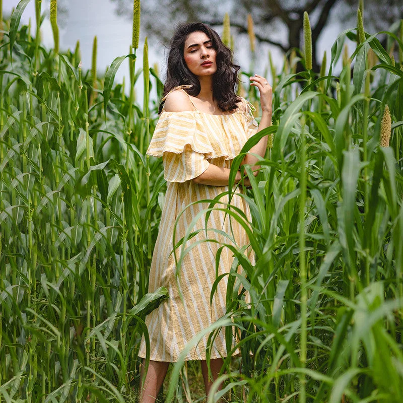 Cotton Off-Shoulder Dress | Tie-Up Shoulders | Beige & Off-White