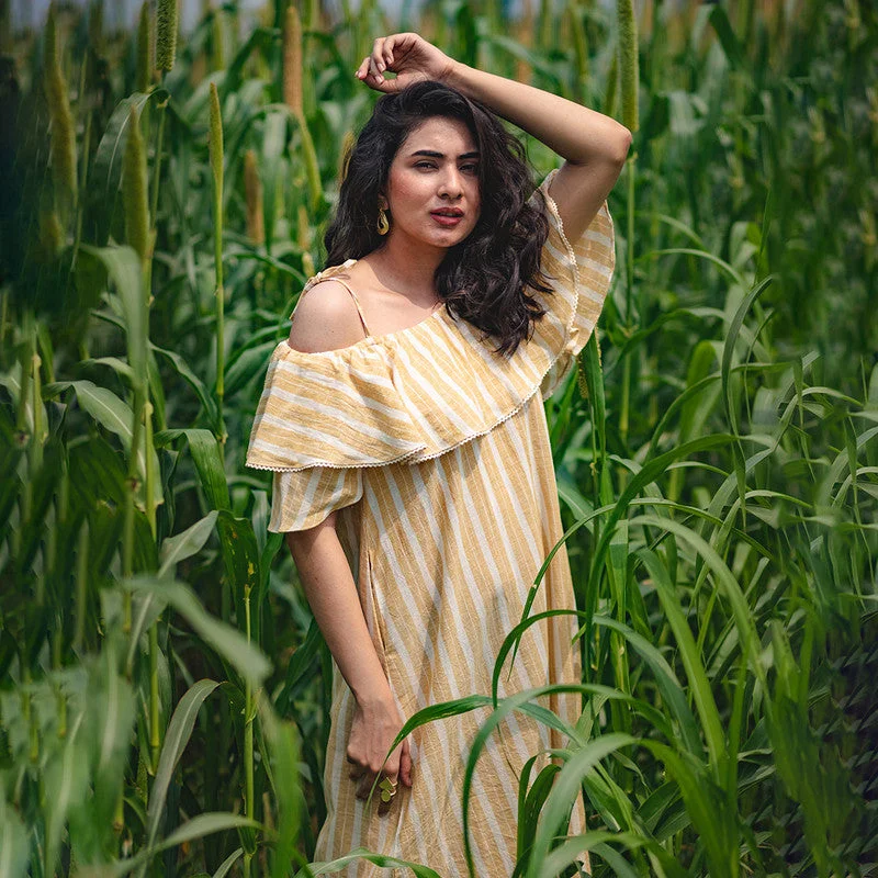 Cotton Off-Shoulder Dress | Tie-Up Shoulders | Beige & Off-White