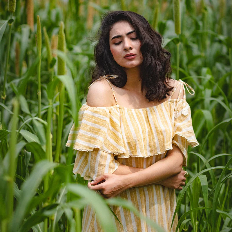 Cotton Off-Shoulder Dress | Tie-Up Shoulders | Beige & Off-White