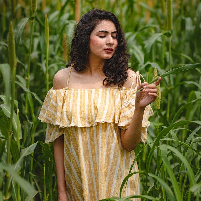 Cotton Off-Shoulder Dress | Tie-Up Shoulders | Beige & Off-White