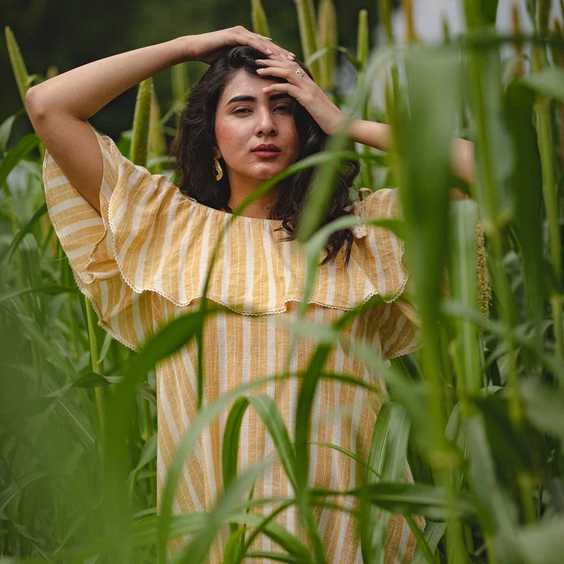 Cotton Off-Shoulder Dress | Tie-Up Shoulders | Beige & Off-White