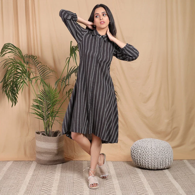 Kala Cotton A-Line Dress for Women | Striped | Grey & White