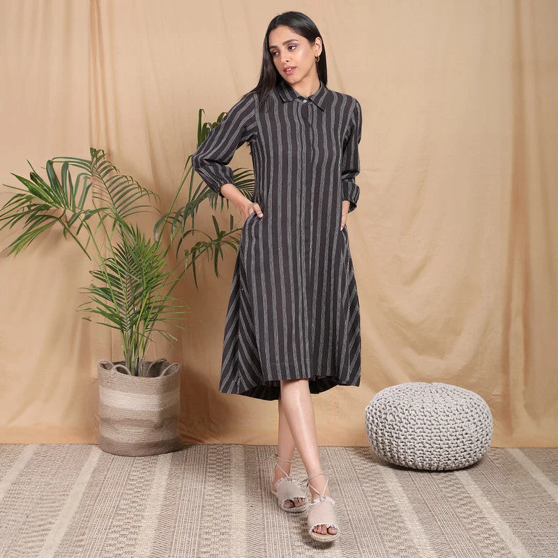 Kala Cotton A-Line Dress for Women | Striped | Grey & White