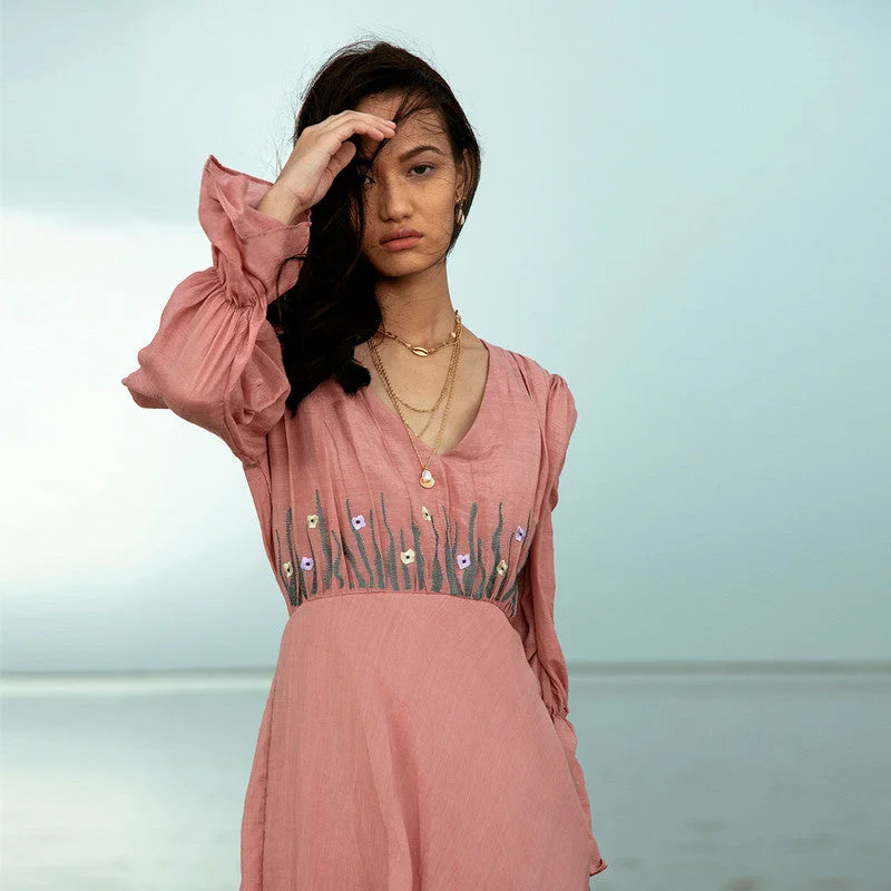 Pure Silk Pink Puffed Pounce Sleeves Dress