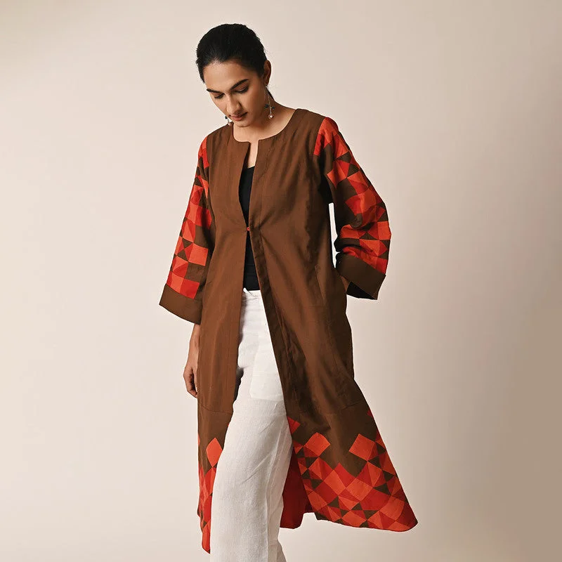 Cotton Long Jacket for Women | Brown | Patchwork