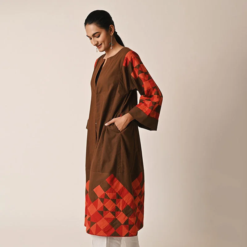 Cotton Long Jacket for Women | Brown | Patchwork