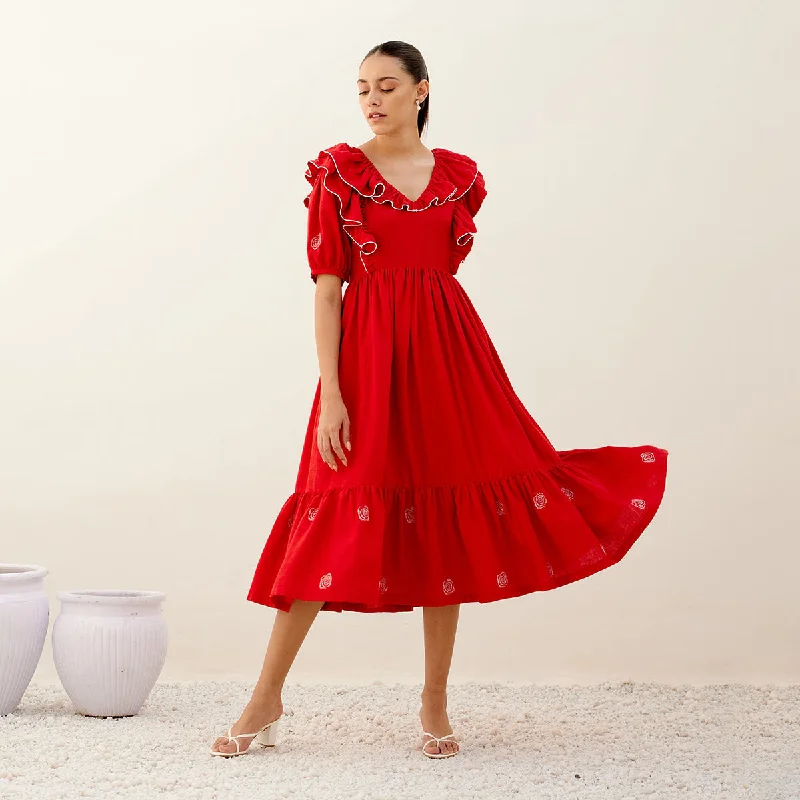 Hemp Flared Dress for Women | Embroidered | Red