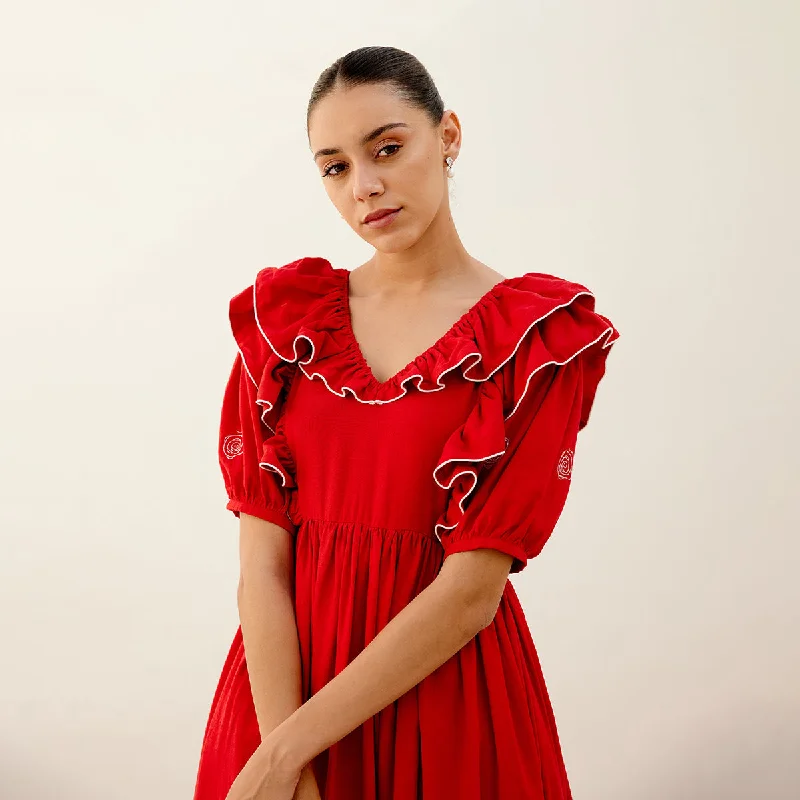 Hemp Flared Dress for Women | Embroidered | Red