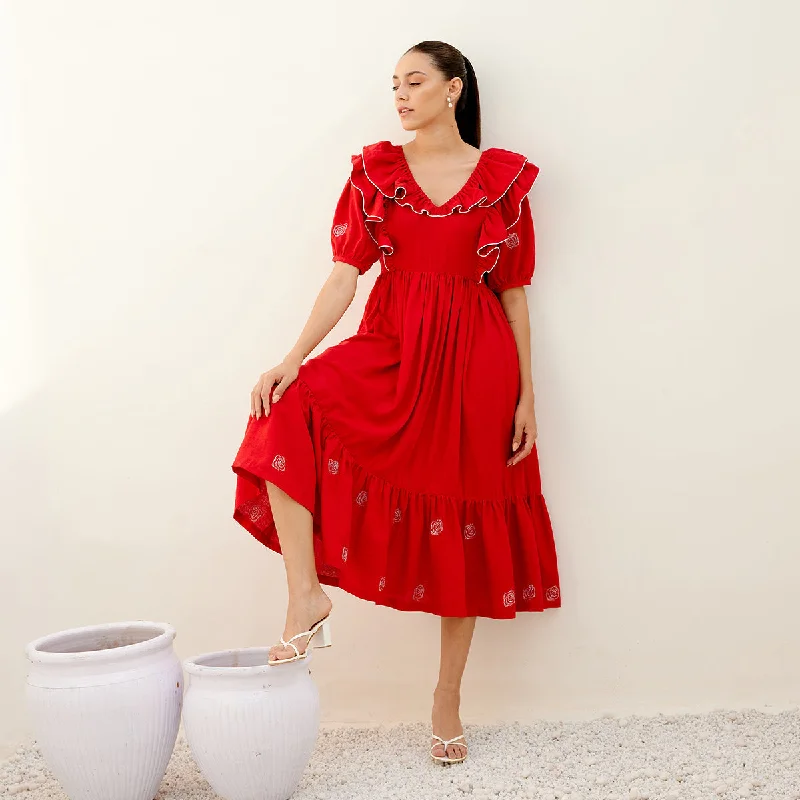 Hemp Flared Dress for Women | Embroidered | Red