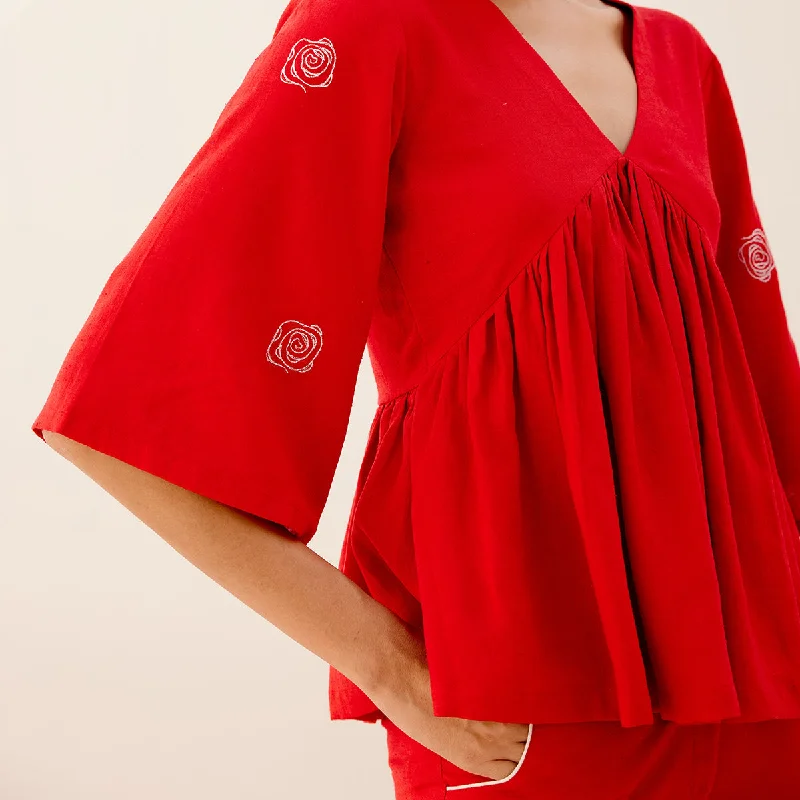 Hemp Gathered Top for Women | Embroidered | Red