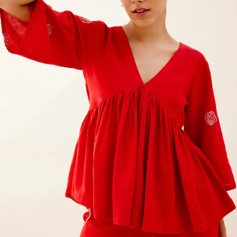 Hemp Gathered Top for Women | Embroidered | Red