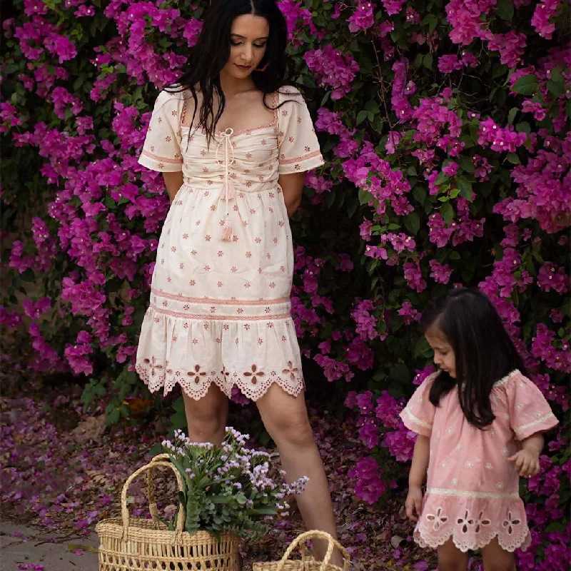 Cotton Dress with Lace Borders & Motifs | Pink