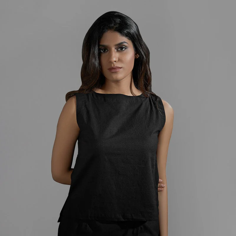 Black Cotton Slub Top for Women | Back-Closure