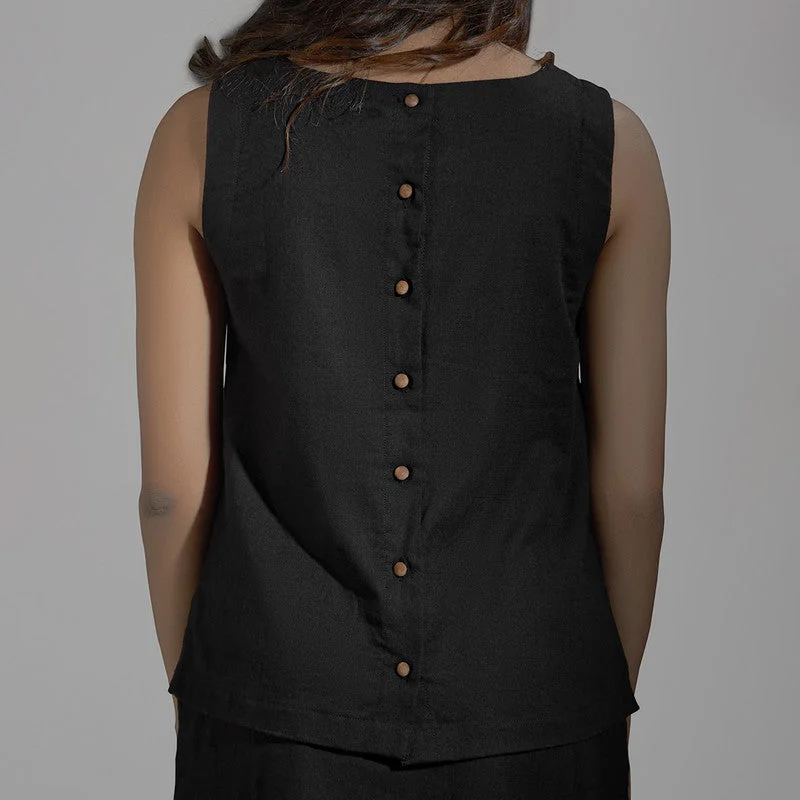 Black Cotton Slub Top for Women | Back-Closure