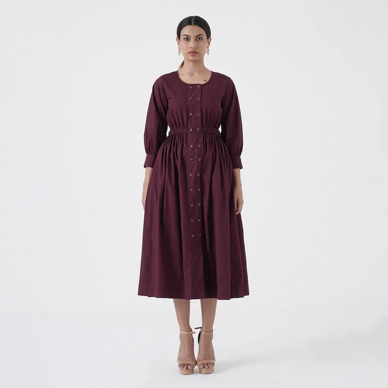 Cotton Poplin Dress for Women | Flared | Wine