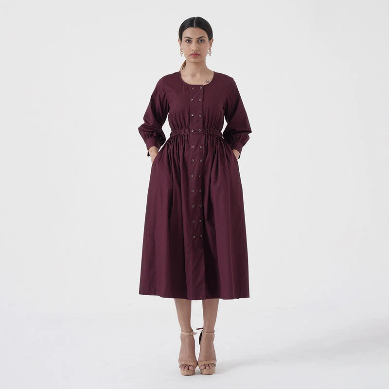 Cotton Poplin Dress for Women | Flared | Wine