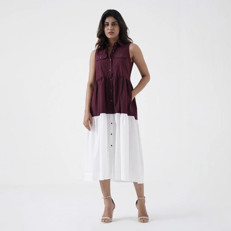 Tiered Dress for Women | Cotton Poplin | Wine