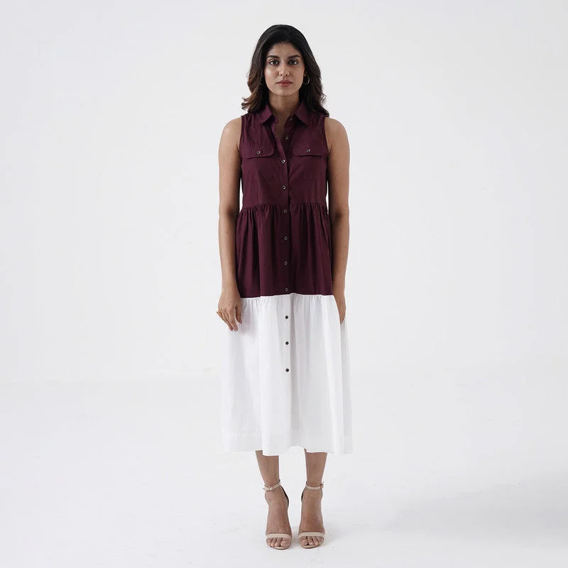 Tiered Dress for Women | Cotton Poplin | Wine