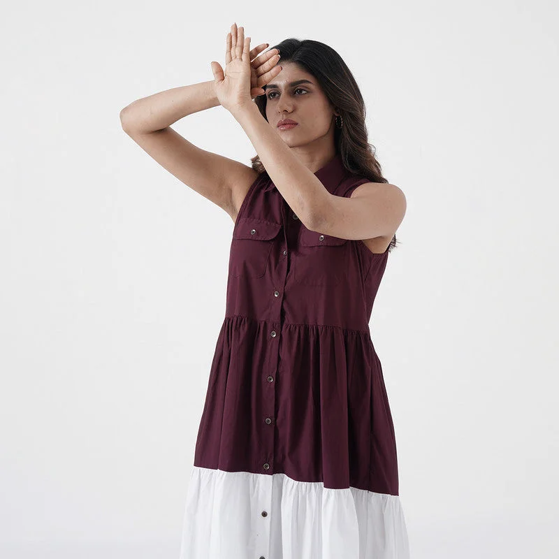 Tiered Dress for Women | Cotton Poplin | Wine