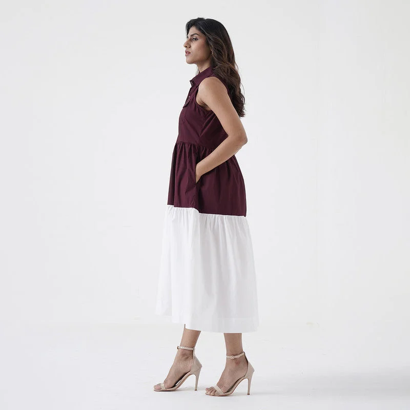 Tiered Dress for Women | Cotton Poplin | Wine