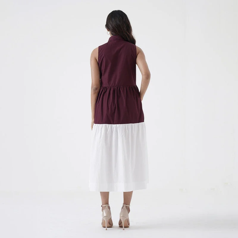 Tiered Dress for Women | Cotton Poplin | Wine