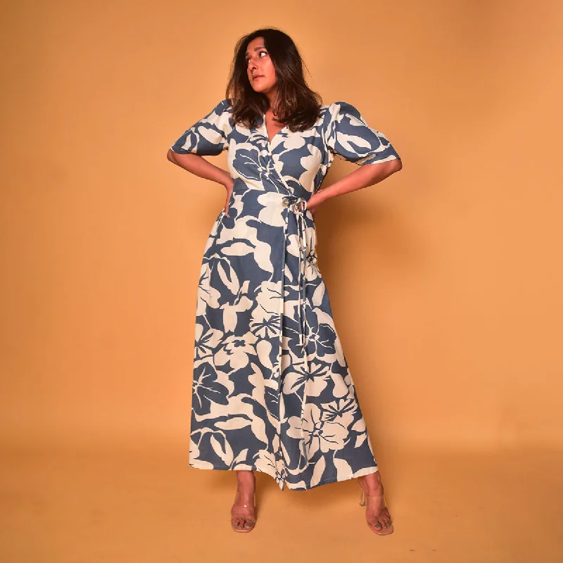 Cotton Wrap Dress for Women | Floral Print | Blue & White