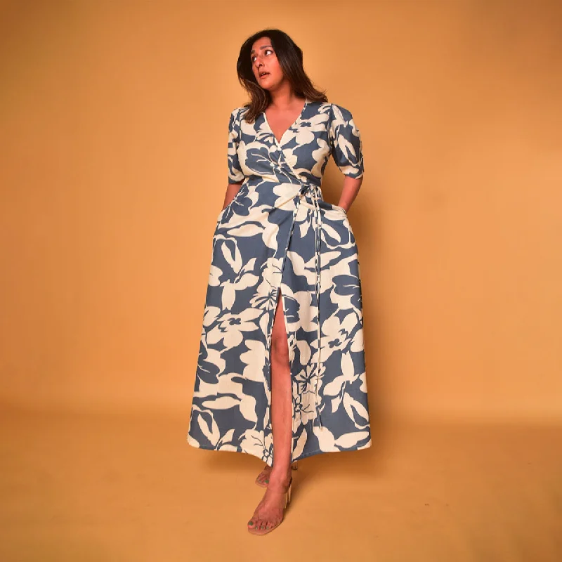 Cotton Wrap Dress for Women | Floral Print | Blue & White